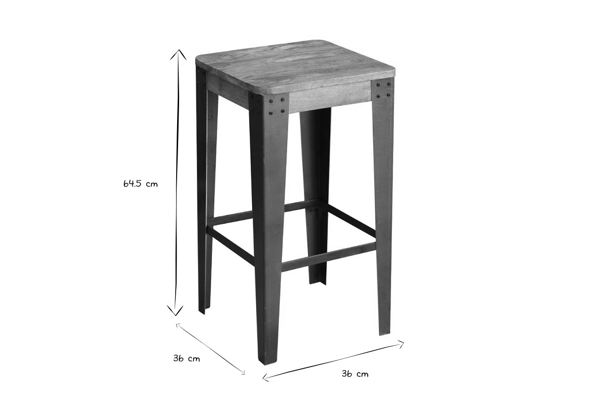 Tabouret de bar industriel mtal et bois manguier massif H65 cm MADISON