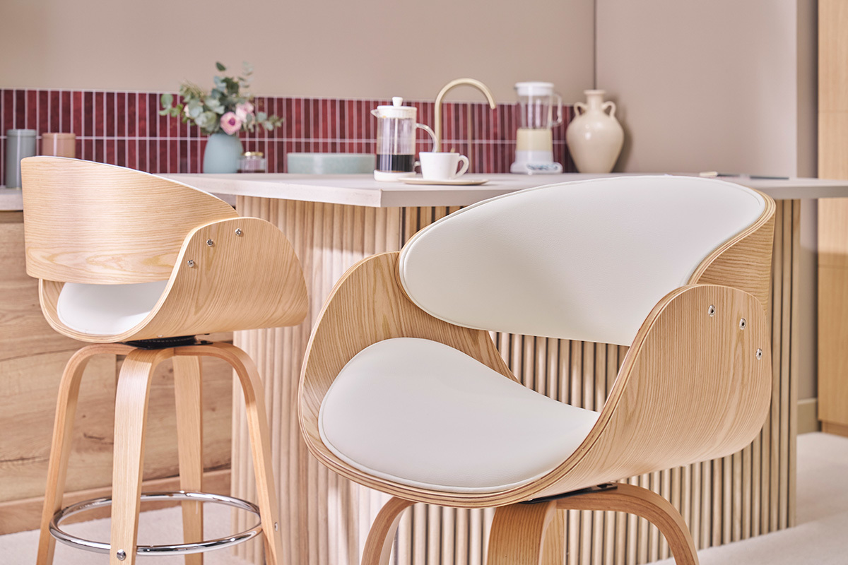 Tabouret de bar pivotant blanc et bois clair 65 cm BENT