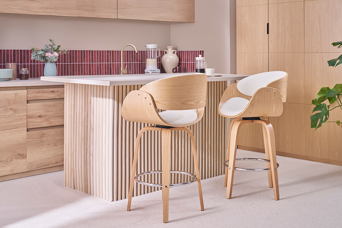 Tabouret de bar pivotant blanc et bois clair H69 cm BENT