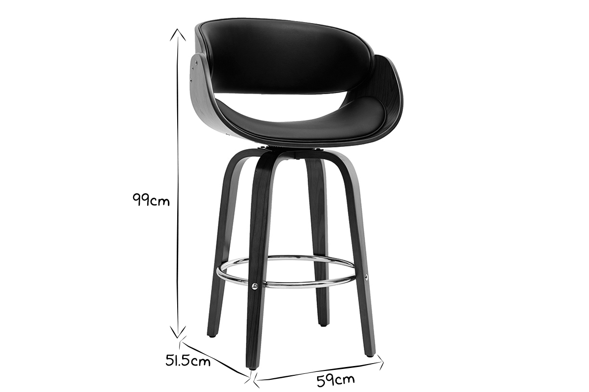 Tabouret de bar pivotant noir et bois fonc 65 cm BENT