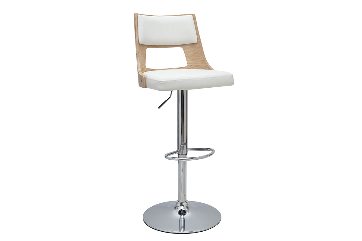 Tabouret de bar rglable pivotants 360 blanc et bois clair GARBO