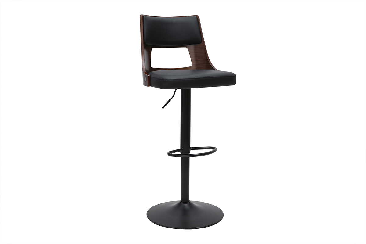 Tabouret de bar rglable vintage pivotants 360 noir et bois fonc GARBO