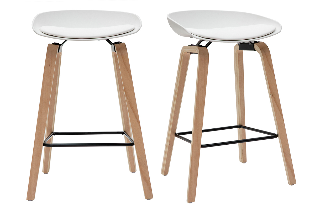 Tabourets de bar blancs et pieds bois H65 cm (lot de 2) LINO
