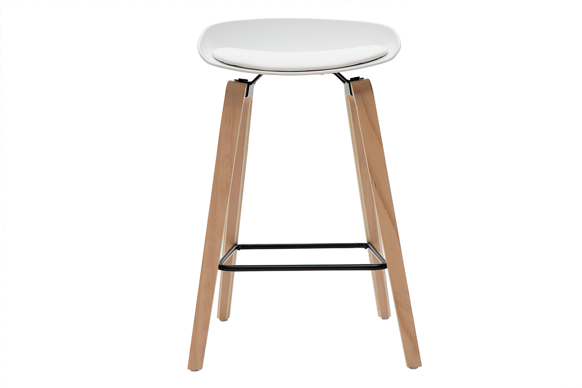 Tabourets de bar blancs et pieds bois H65 cm (lot de 2) LINO
