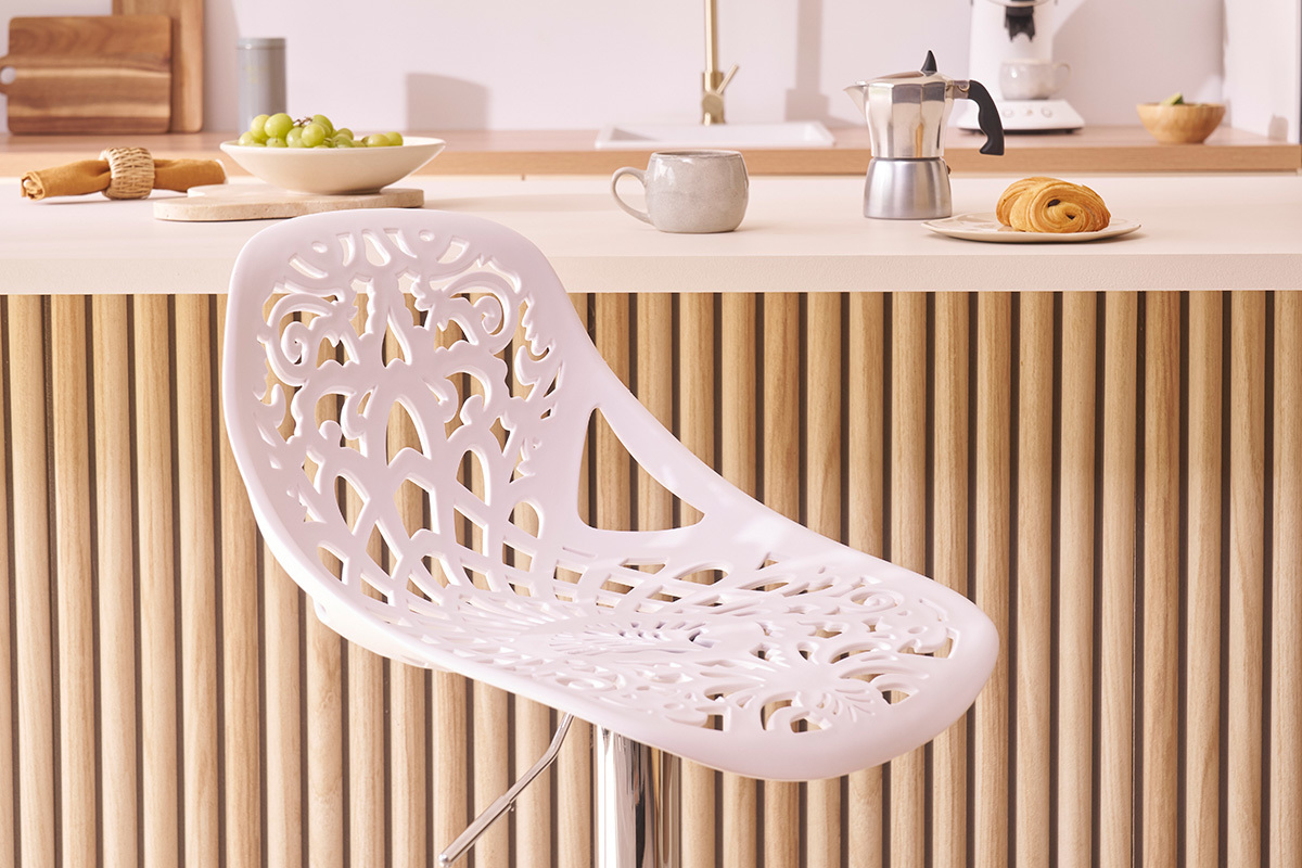 Tabourets de bar design avec motif baroque blanc (lot de 2) BAROCCA