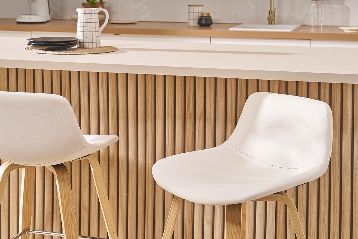 Tabourets de bar design blanc et bois clair  (lot de 2) NONIE
