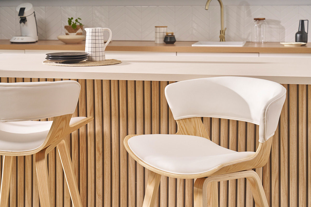 Tabourets de bar design blanc et bois clair (lot de 2) SYRAH
