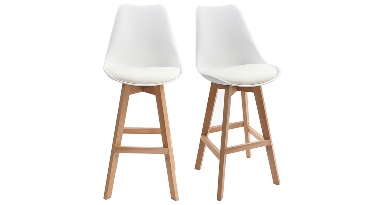 Tabourets de bar design blanc et bois H65 cm (lot de 2) PAULINE