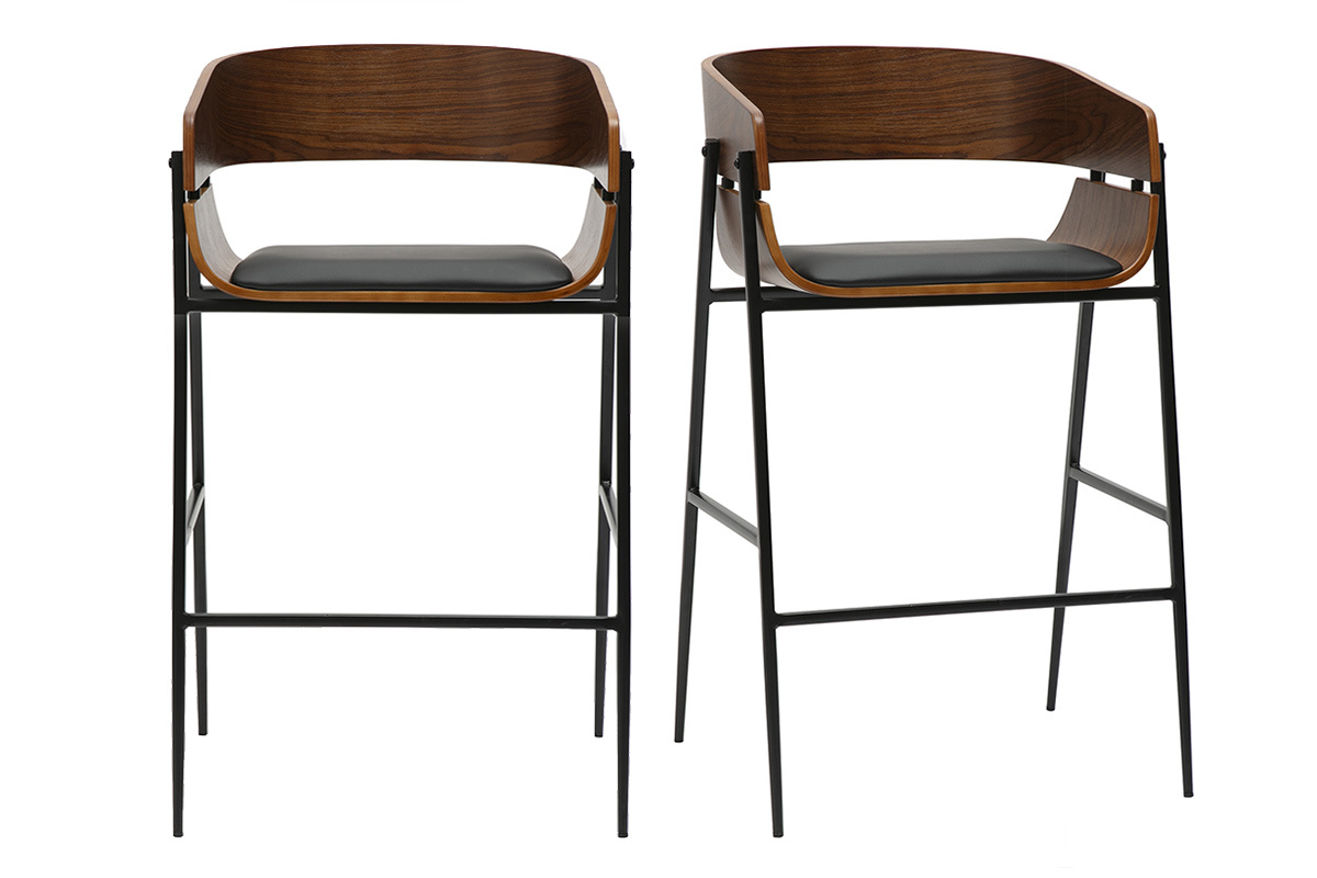 Tabourets de bar design bois fonc et mtal noir (lot de 2) WESS