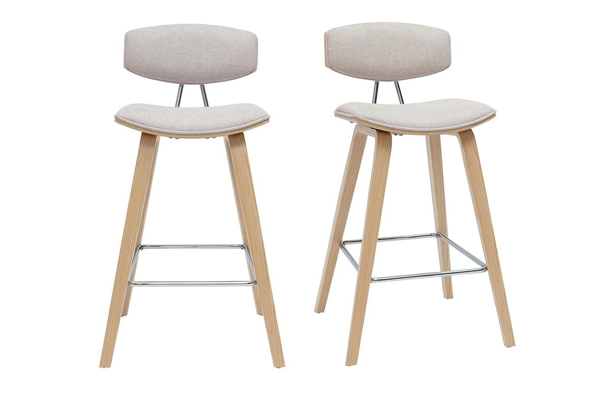 Tabourets de bar design en tissu effet velours textur beige et bois clair H69 cm (lot de 2) VASCO