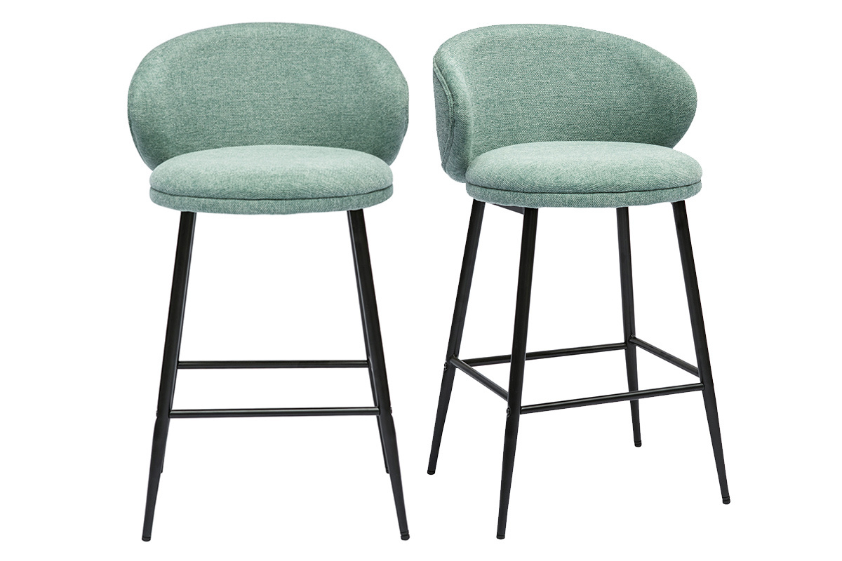 Tabourets de bar design en tissu effet velours textur vert cladon et mtal noir (lot de 2) ROSALIE