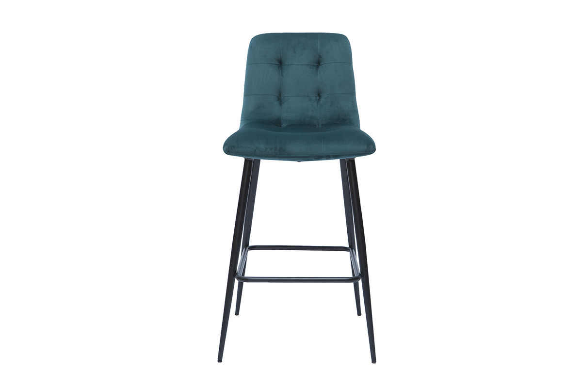 Tabourets de bar design en tissu velours gaufr bleu canard et mtal H65 cm (lot de 2) ESCAPE