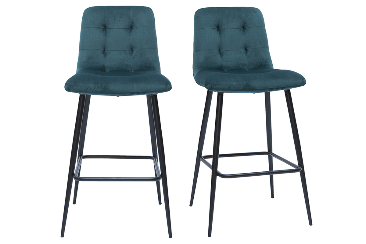 Tabourets de bar design en tissu velours gaufr bleu canard et mtal H65 cm (lot de 2) ESCAPE