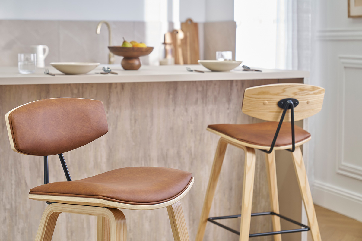 Tabourets de bar design marron et bois clair H69 cm (lot de 2) VASCO