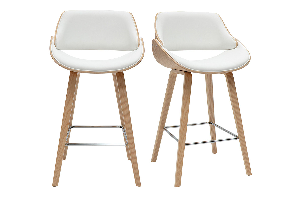 Tabourets de bar design pivotants blancs et bois clair H70 cm (lot de 2) CLASH
