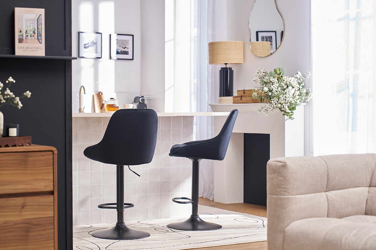 Tabourets de bar design r�glables en tissu velours noir et m�tal noir 360� (lot de 2) HOLO