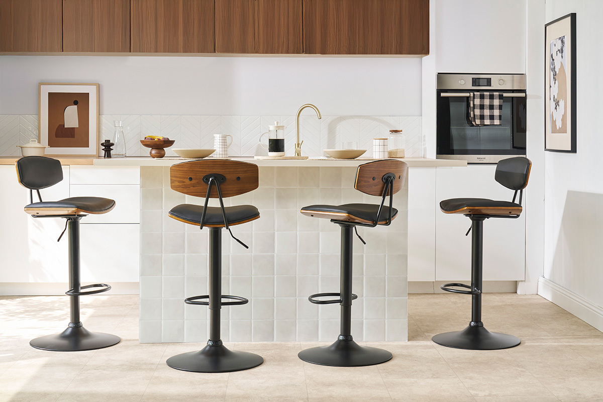 Tabourets de bar design rglables noir et bois fonc (lot de 2) VASCO