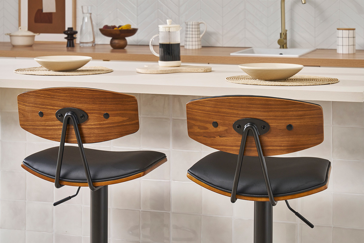 Tabourets de bar design rglables noir et bois fonc (lot de 2) VASCO
