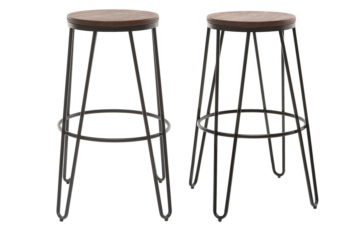 Tabourets de bar empilables en mtal noir et en bois H75 cm (lot de 2) IGLA