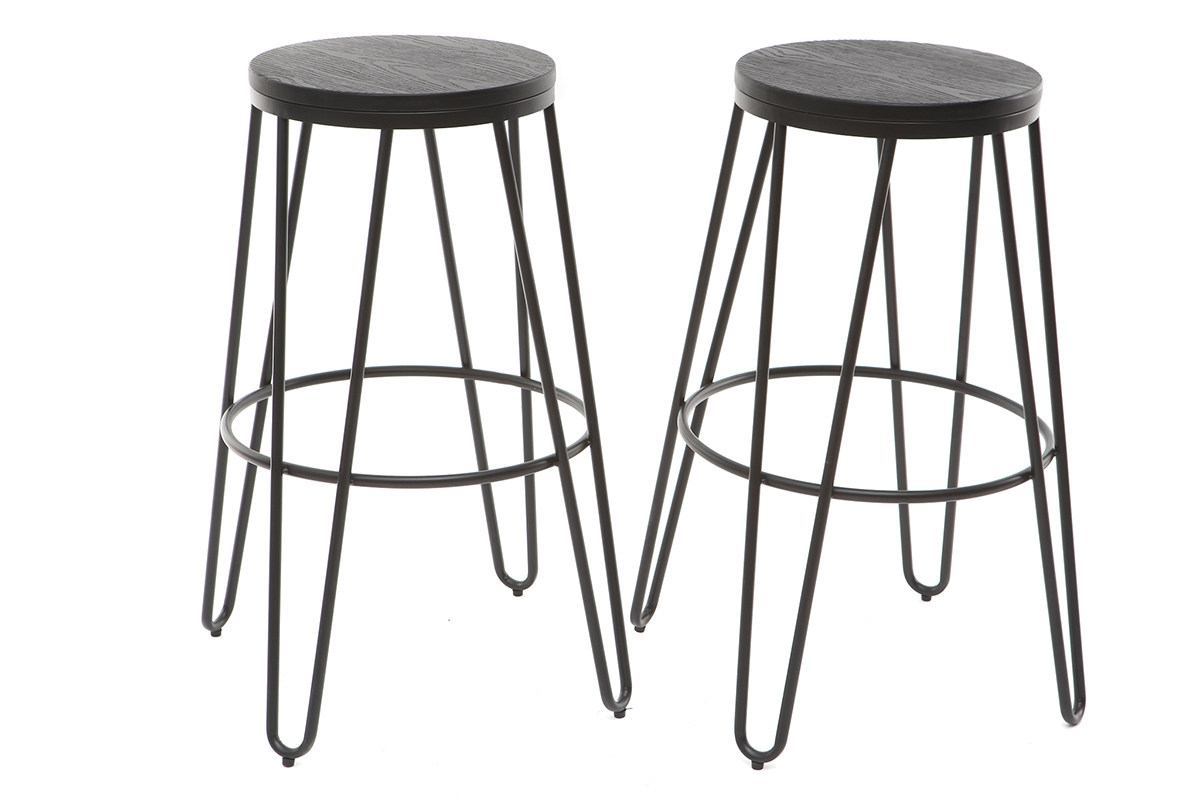 Tabourets de bar empilables en m�tal noir et en bois noir H75 cm (lot de 2) IGLA