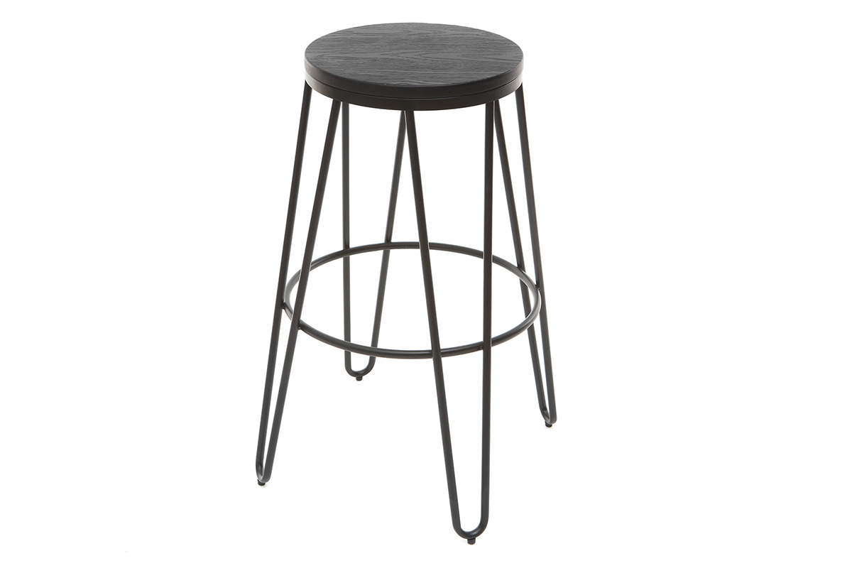Tabourets de bar empilables en m�tal noir et en bois noir H75 cm (lot de 2) IGLA