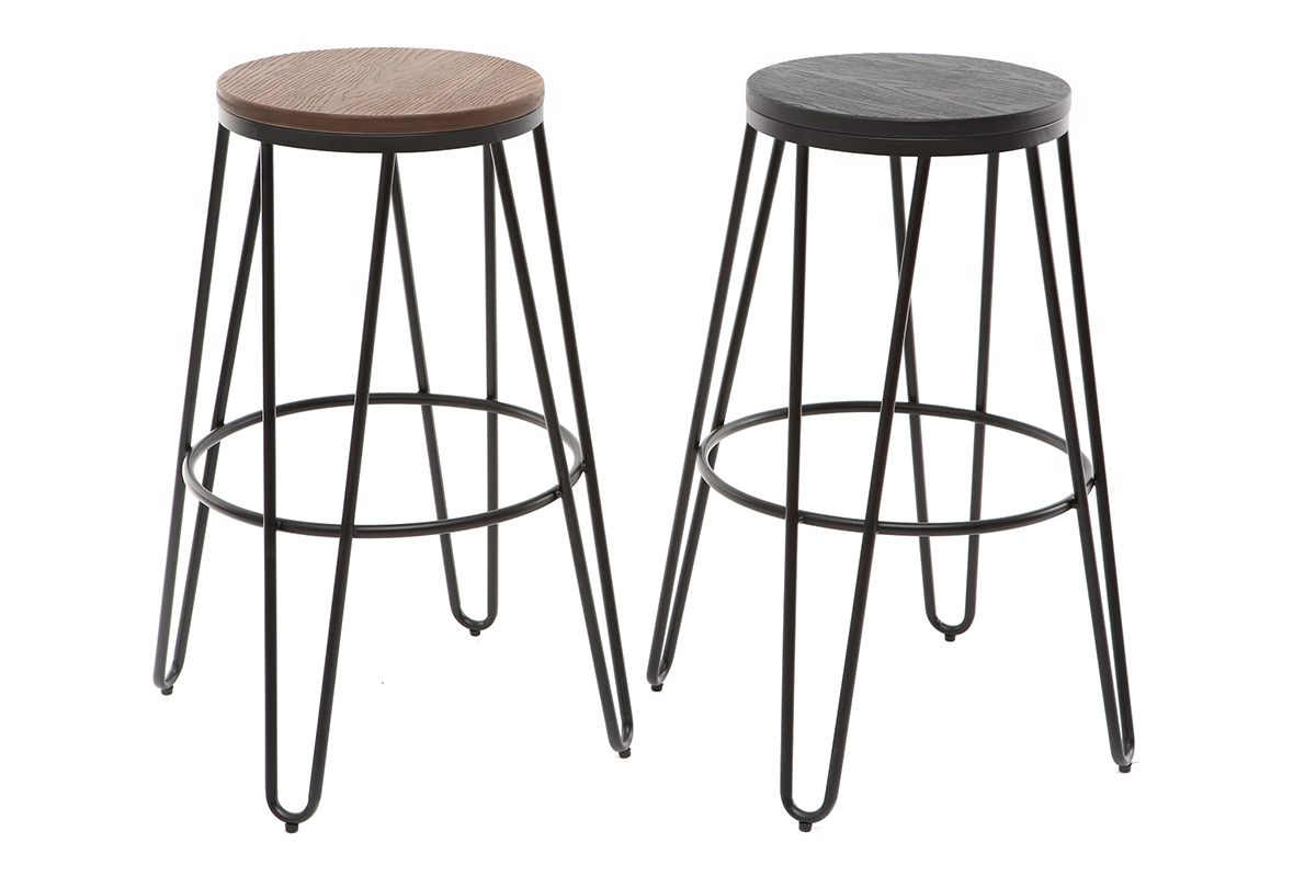 Tabourets de bar empilables en m�tal noir et en bois noir H75 cm (lot de 2) IGLA