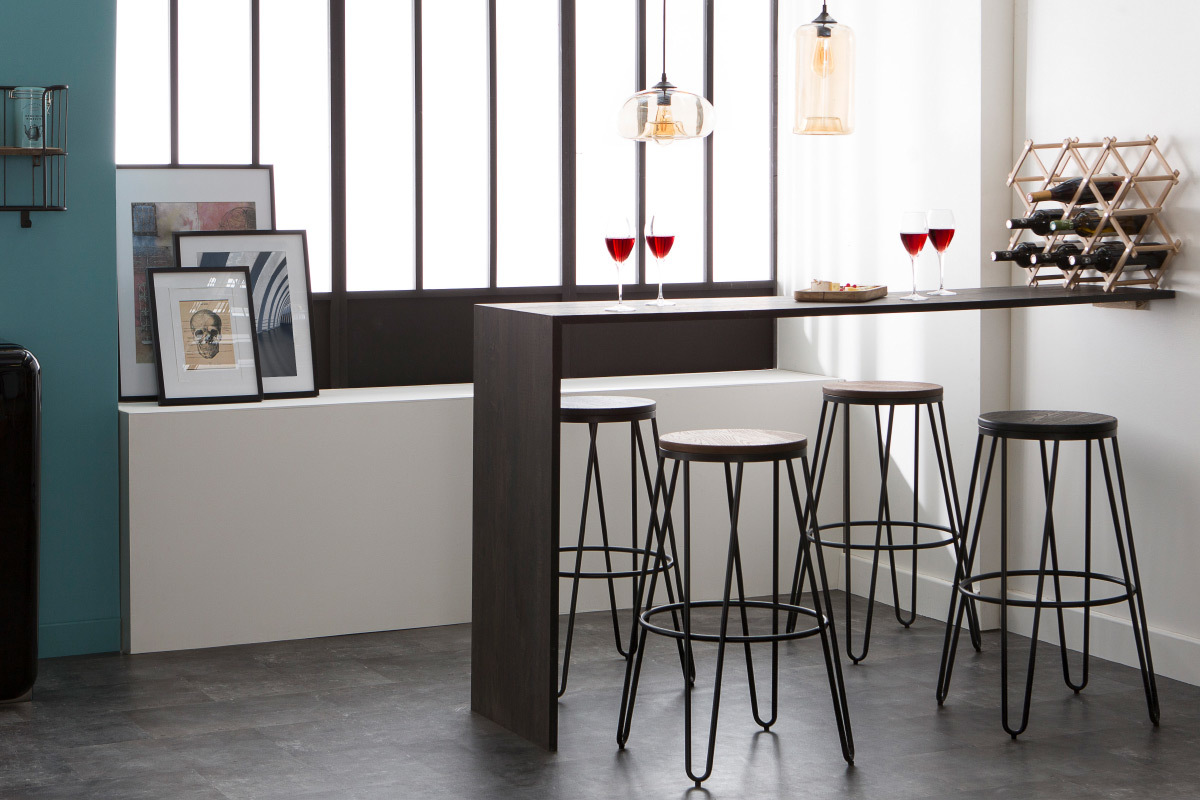 Tabourets de bar empilables en m�tal noir et en bois noir H75 cm (lot de 2) IGLA