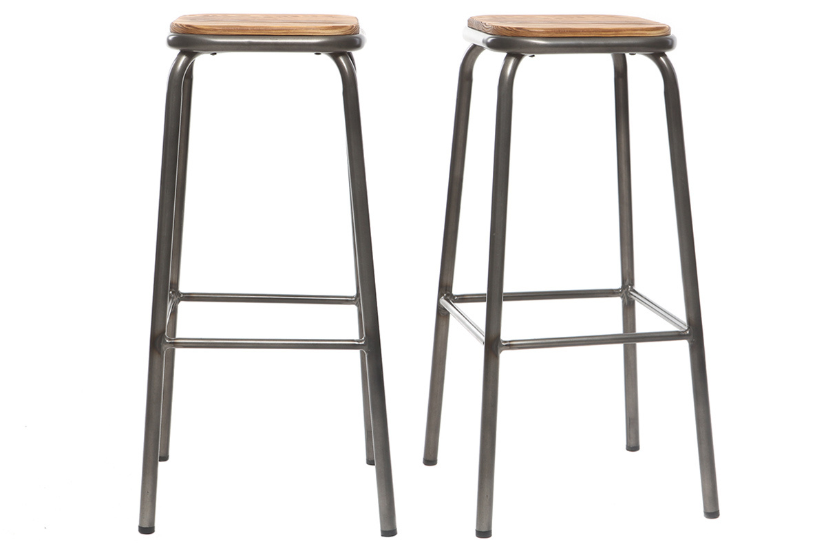 Tabourets de bar empilables m�tal et bois fonc� H75 cm (lot de 2) MEMPHIS