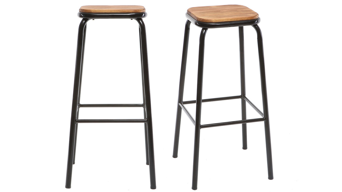 Tabourets de bar empilables noir et bois fonc H77.5 cm (lot de 2) MEMPHIS