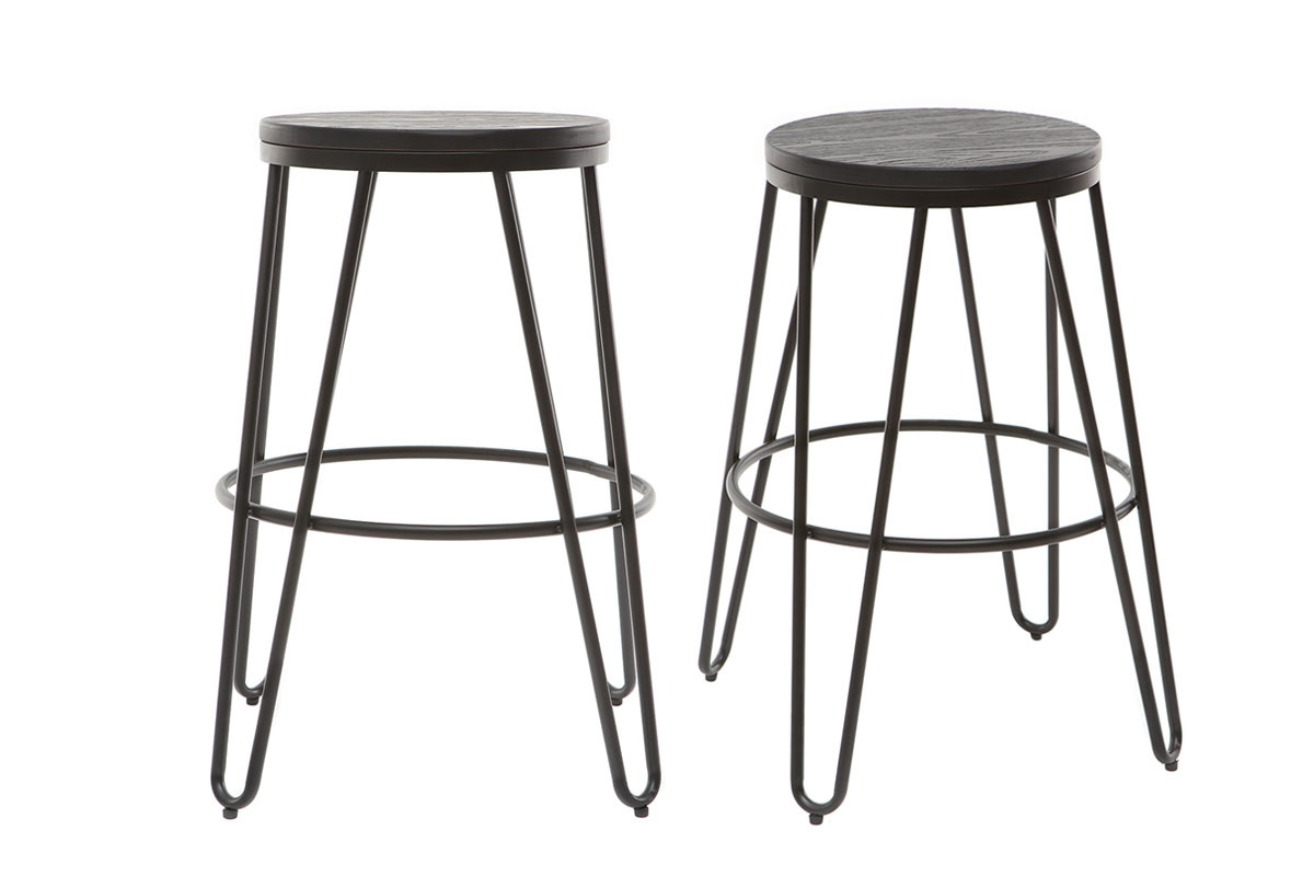 Tabourets de bar en mtal noir et en bois noir H65 cm (lot de 2) IGLA