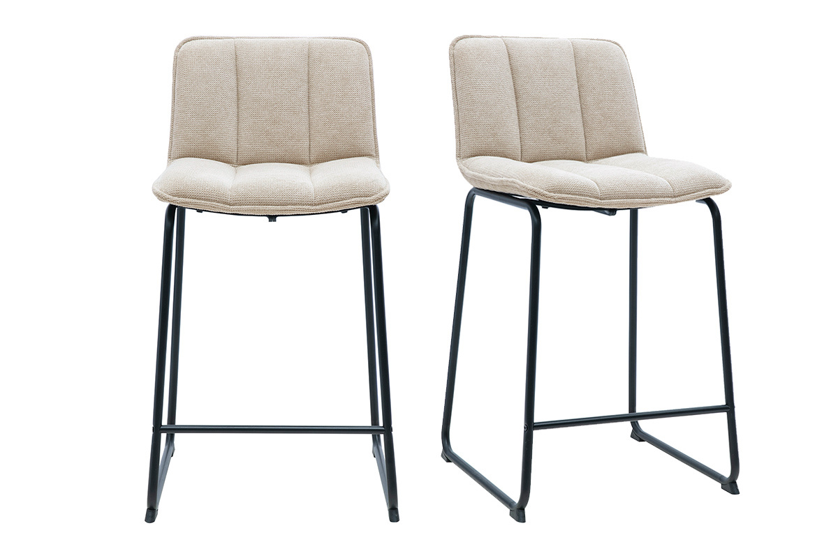 Tabourets de bar en tissu chenille beige et m�tal noir H65.6 cm (lot de 2) VISTO