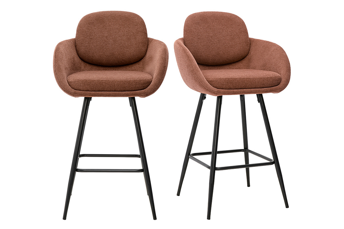 Tabourets de bar en tissu chenille terre br�l�e et m�tal noir H68.5 cm (lot de 2) SLAKE