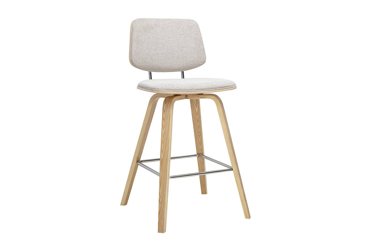 Tabourets de bar en tissu effet velours textur� beige et bois clair H66 cm (lot de 2) SEGUR