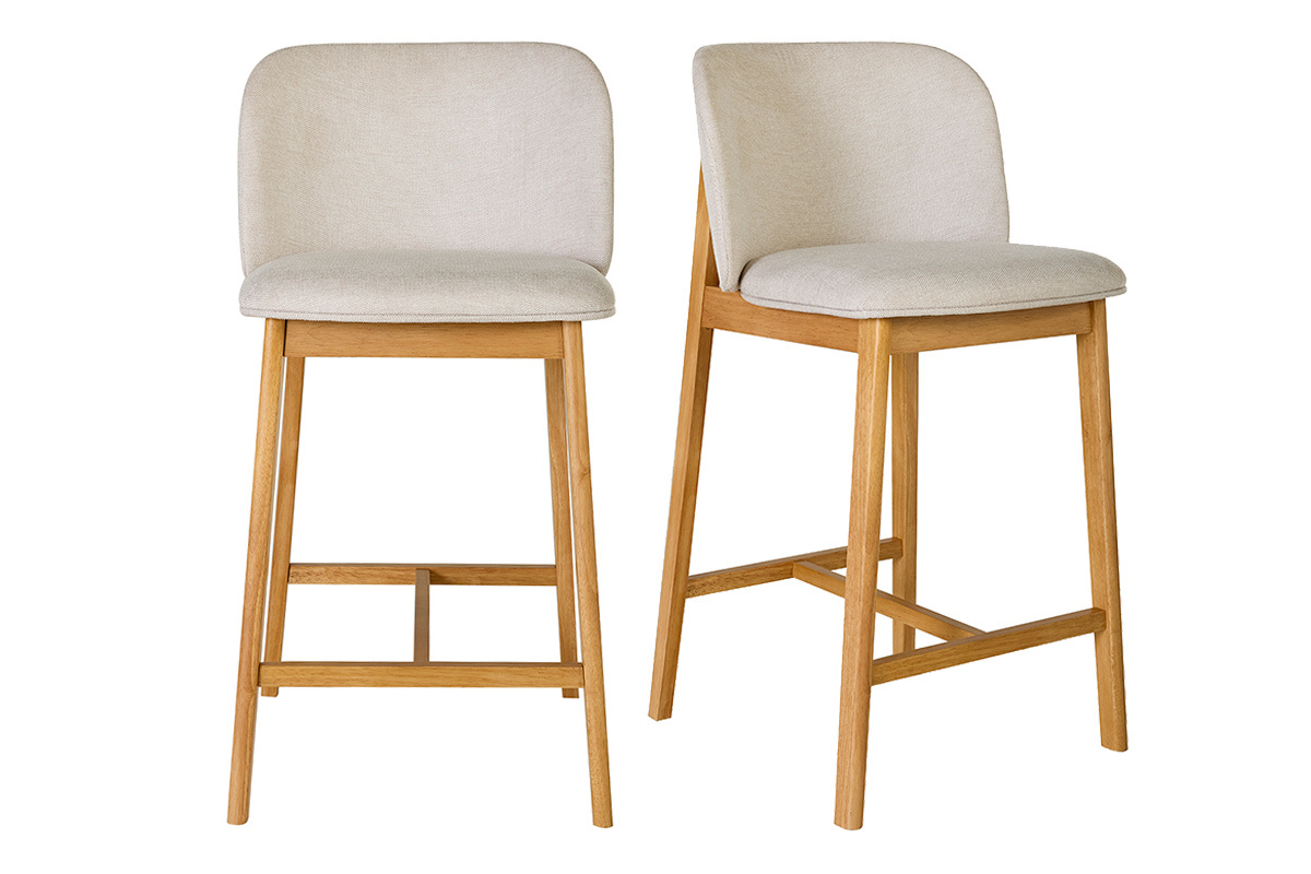 Tabourets de bar en tissu effet velours textur� beige et bois clair H69 cm (lot de 2) TIEGA