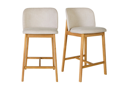 Tabourets de bar en tissu effet velours textur&eacute; beige et bois clair H69 cm (lot de 2) TIEGA