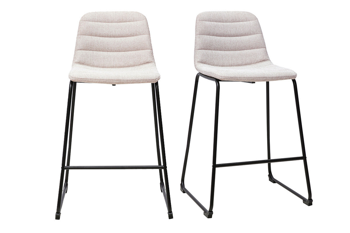 Tabourets de bar en tissu effet velours textur� beige et m�tal H64 cm (lot de 2) SAURY