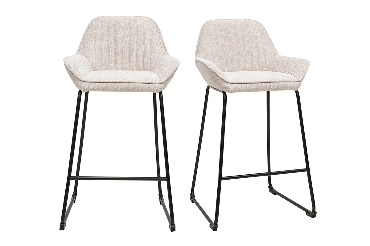 Tabourets de bar en tissu effet velours textur� beige et m�tal noir H68 cm (lot de 2) RONNIE