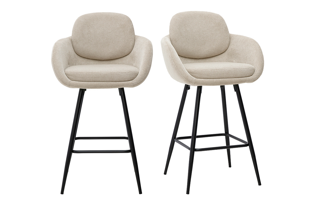 Tabourets de bar en tissu effet velours textur� beige et m�tal noir H68.5 cm (lot de 2) SLAKE