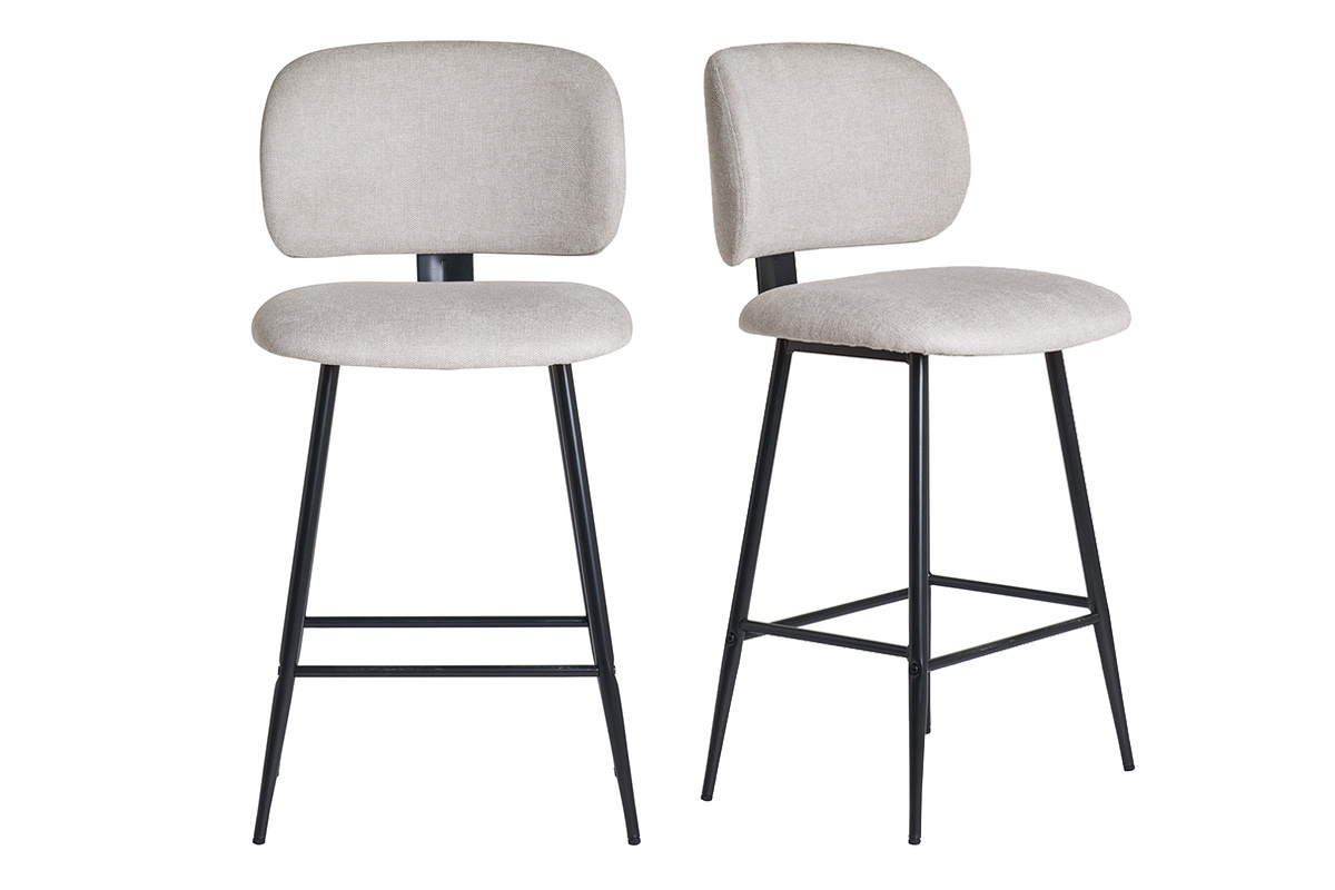 Tabourets de bar en tissu effet velours textur beige et mtal noir H70 cm (lot de 2) ATRIUM