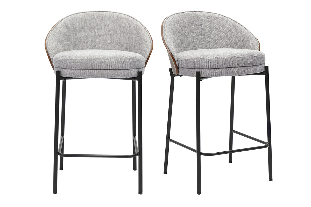 Tabourets de bar en tissu effet velours textur� gris, bois fonc� et m�tal H65 cm (lot de 2) TUCSON