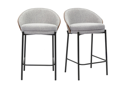 Tabourets de bar en tissu effet velours textur&eacute; gris, bois fonc&eacute; et m&eacute;tal H65 cm (lot de 2) TUCSON