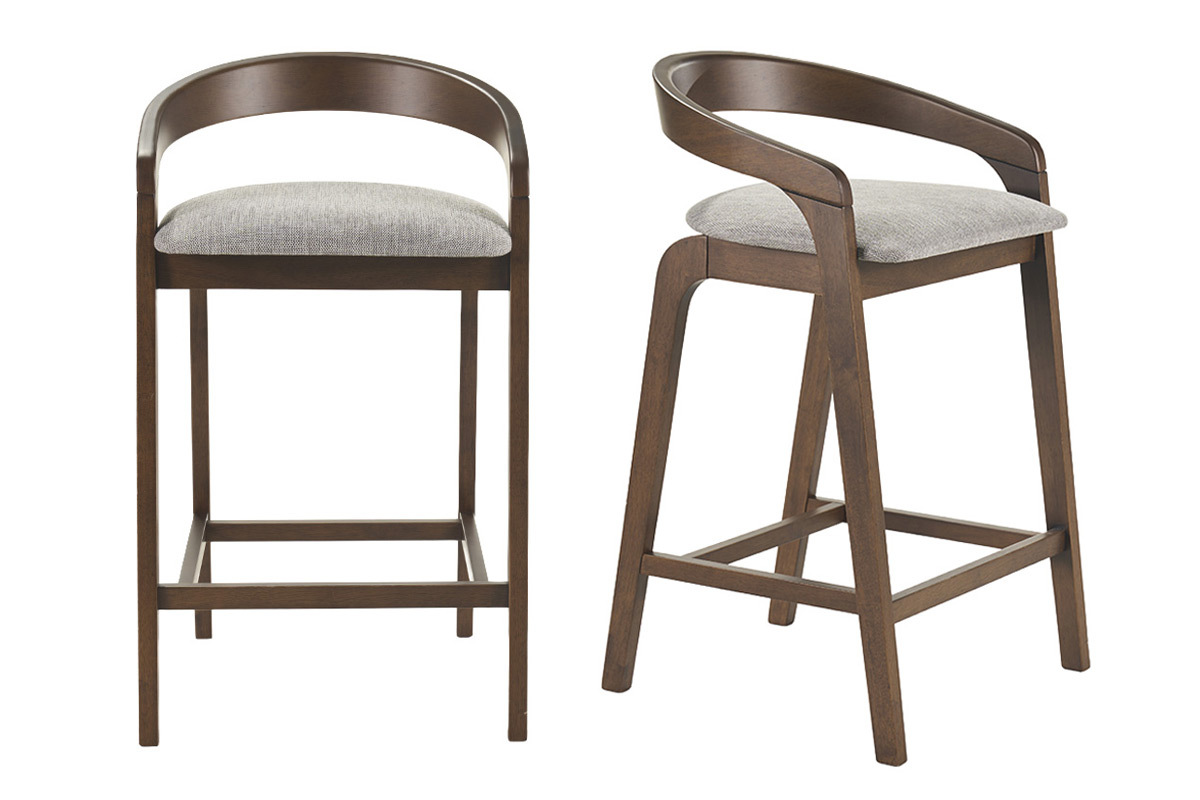 Tabourets de bar en tissu effet velours textur� gris et bois fonc� H68 cm (lot de 2) PULSO