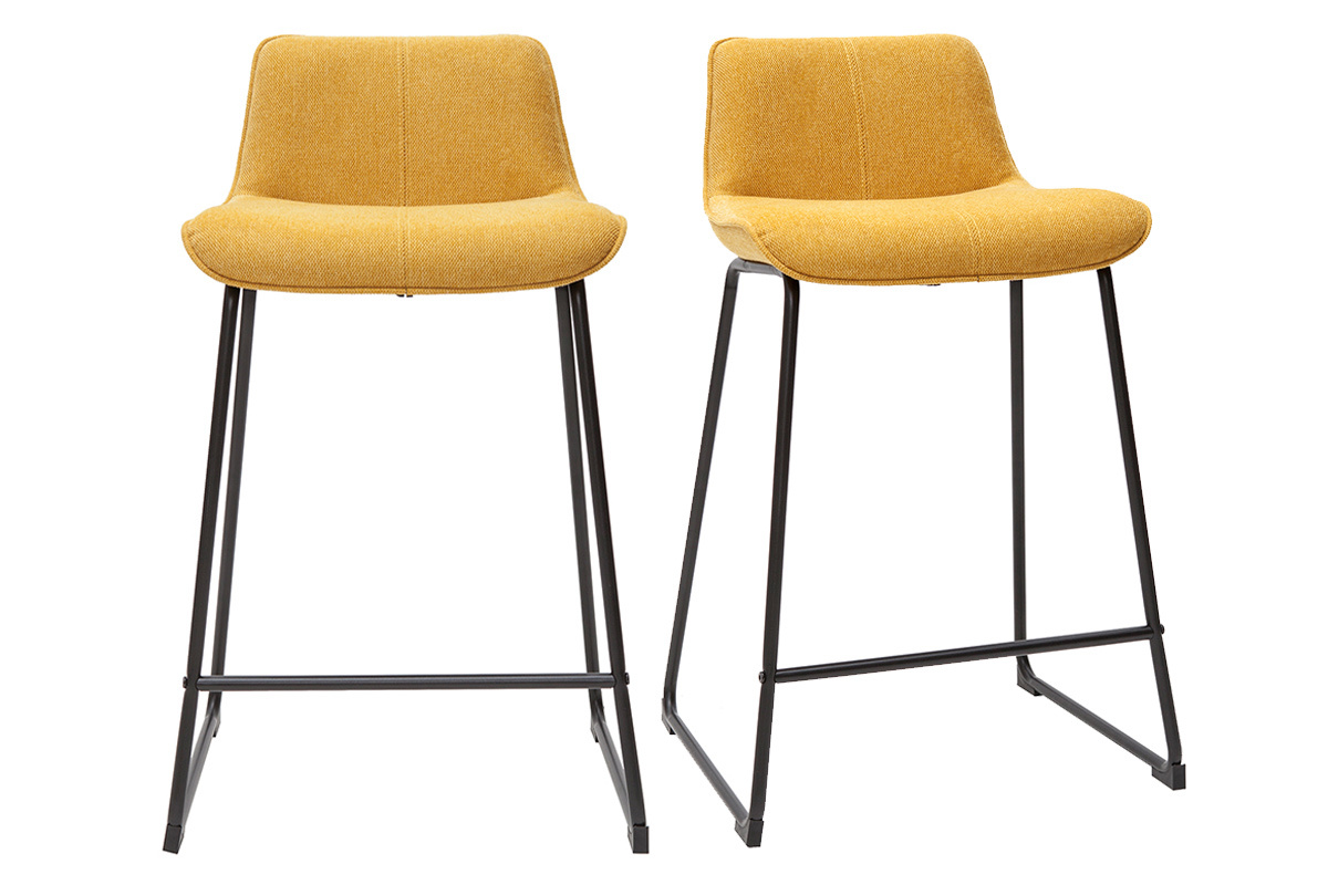 Tabourets de bar en tissu effet velours textur jaune moutarde et mtal H65 cm (lot de 2) BOOST