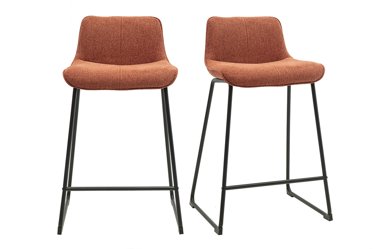 Tabourets de bar en tissu effet velours textur� terre br�l�e et m�tal noir H65 cm (lot de 2) BOOST