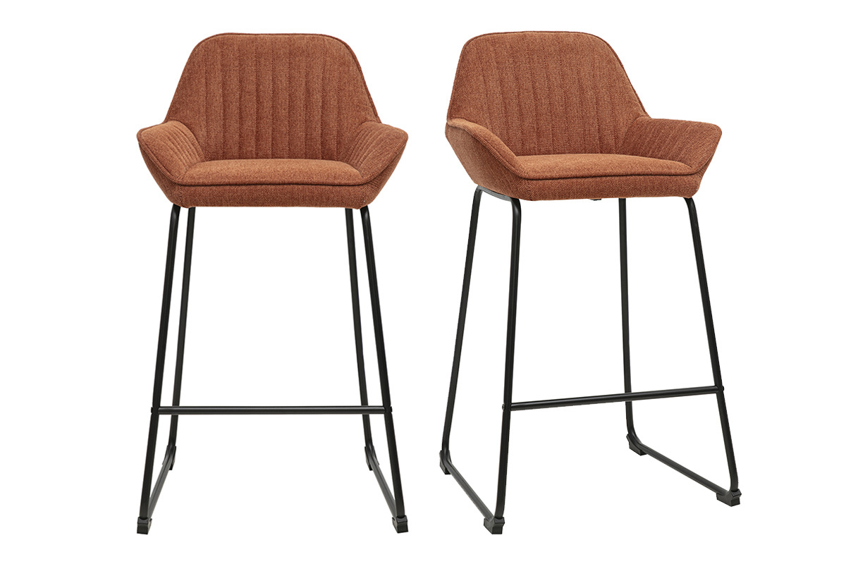 Tabourets de bar en tissu effet velours textur� terre br�l�e et m�tal noir H68 cm (lot de 2) RONNIE