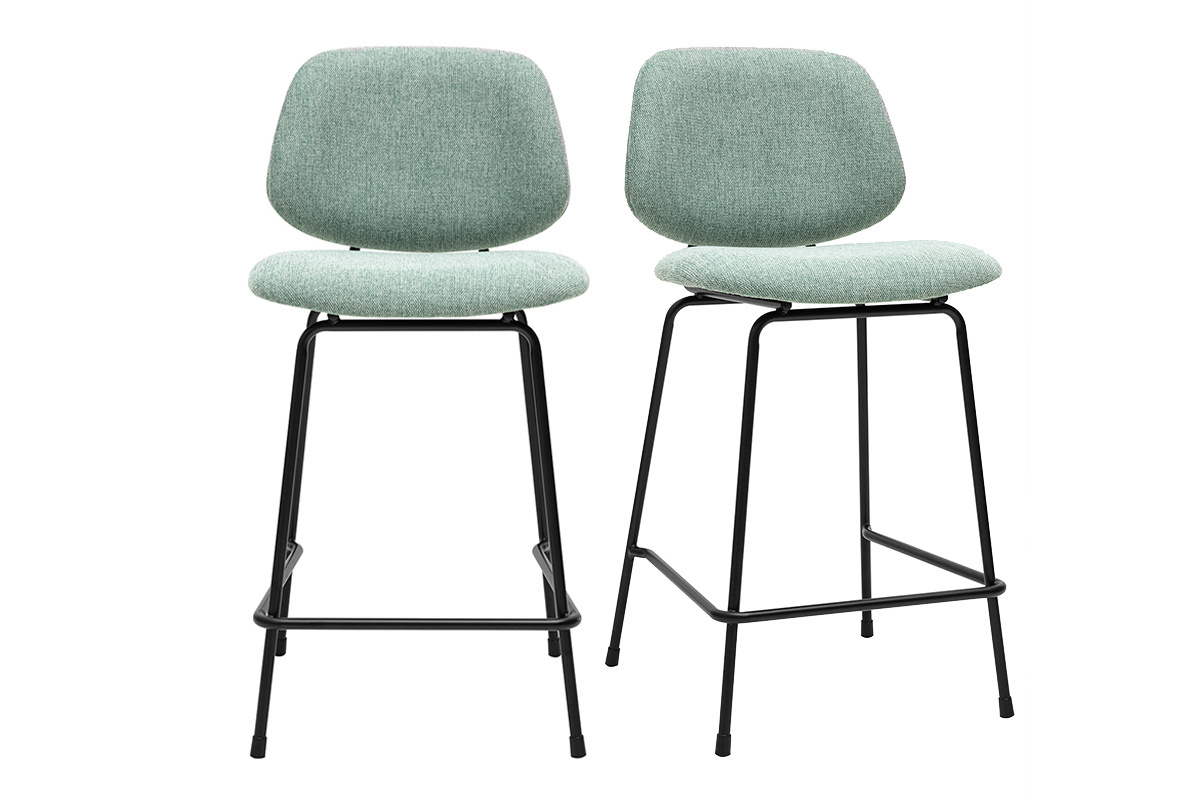 Tabourets de bar en tissu effet velours textur vert cladon et mtal H66.5 cm BARNET (lot de 2)