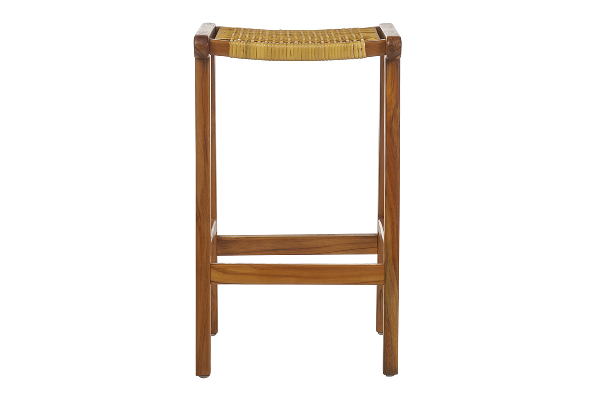 Tabourets de bar ethniques en bois teck massif et cannage rotin (lot de 2) GAWA