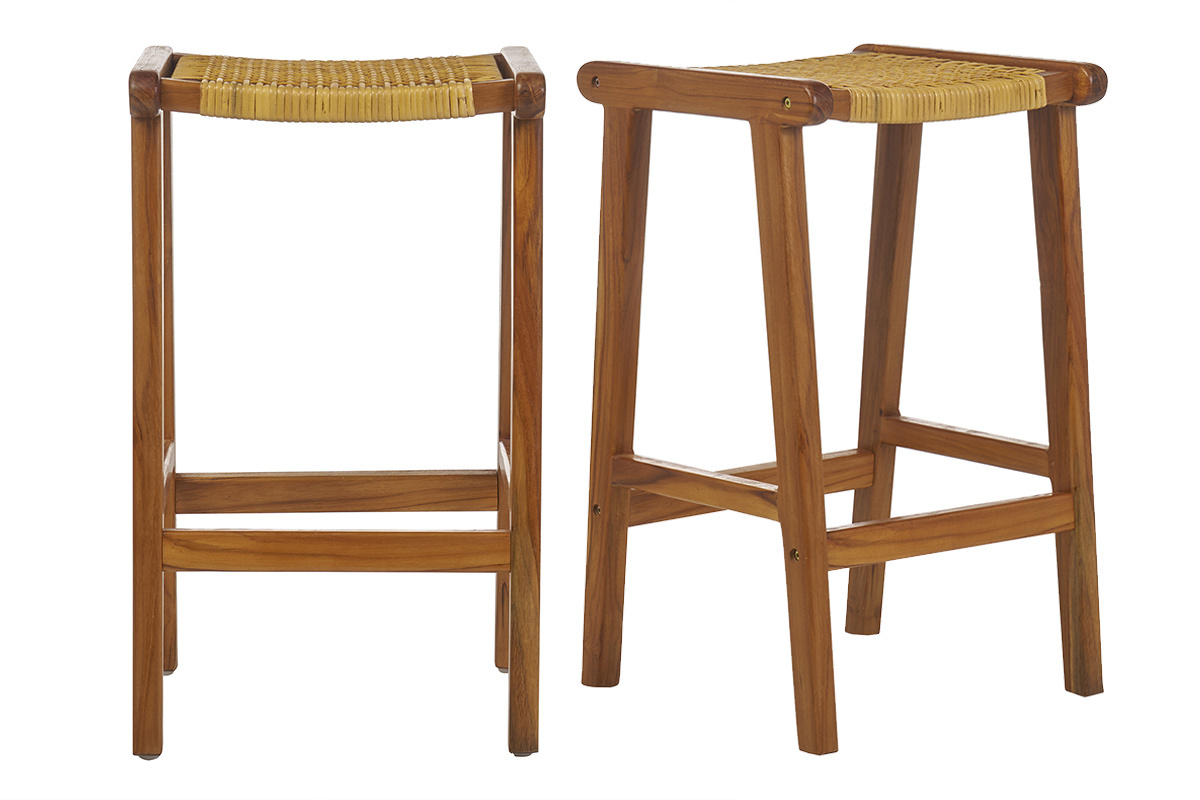 Tabourets de bar ethniques en bois teck massif et cannage rotin H65 cm (lot de 2) GAWA