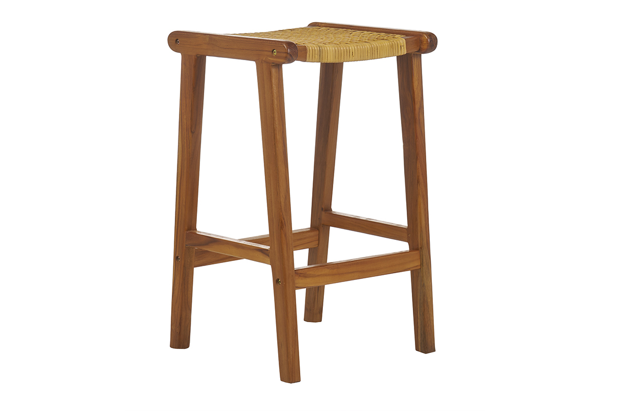 Tabourets de bar ethniques en bois teck massif et cannage rotin H65 cm (lot de 2) GAWA