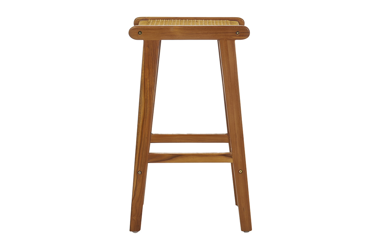 Tabourets de bar ethniques en bois teck massif et cannage rotin H65 cm (lot de 2) GAWA